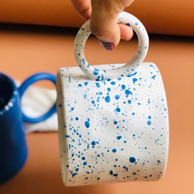 PH 250mlKaffeebecher mit großem Henkel, Blau/weißer Keramikbecher mit Punkten, handgerillter Milchbecher