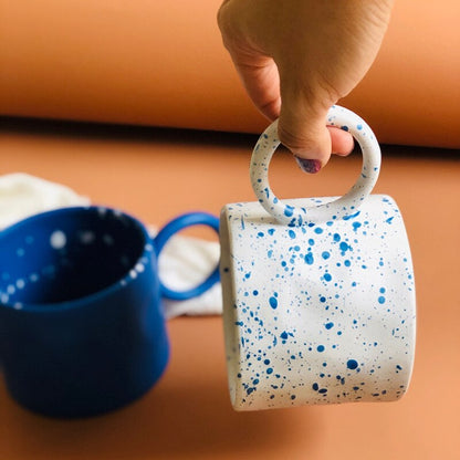 250mlKaffeebecher mit großem Henkel, Blau/weißer Keramikbecher mit Punkten, handgerillter Milchbecher