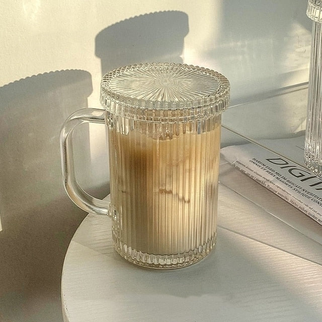 Simple Stripe Glastasse mit Deckel und Strohhalm Transparente Bubble Tea Tasse Saftglas Bierkanne Milch Mokka Tassen Frühstücksbecher